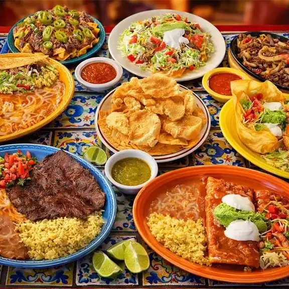 Mexican family meal platter with tacos, rice, beans and chips at Javier's Authentic Mexican Food Los Angeles CA