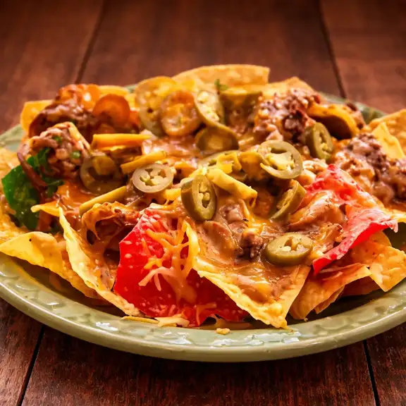 Loaded nachos with jalapenos, cheese and toppings at Javier's Authentic Mexican Food Los Angeles CA